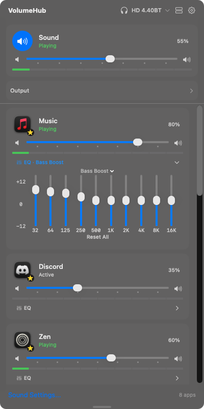 VolumeHub full mode with EQ panel