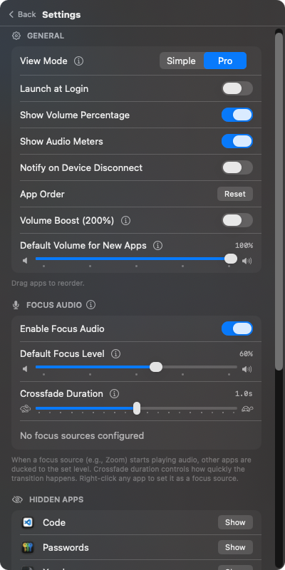 VolumeHub settings with Focus Audio and Pro mode